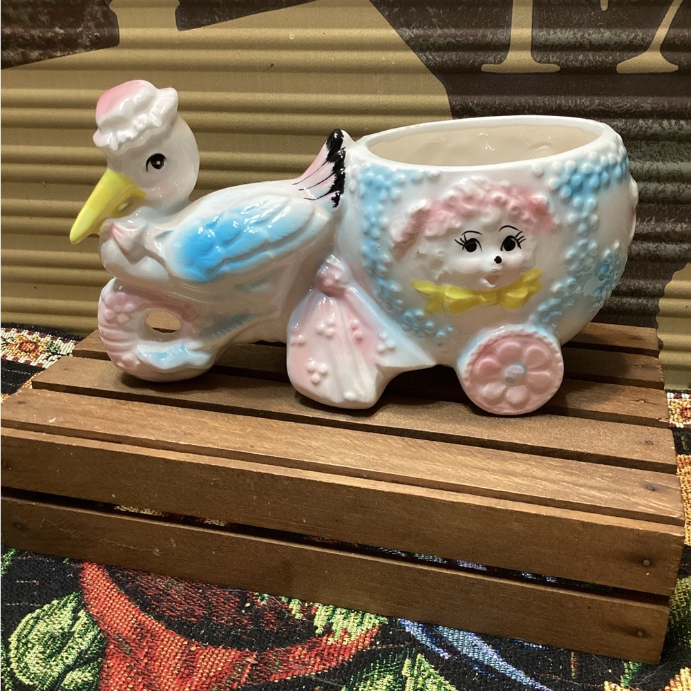 Vintage Ceramic Stork Baby Planter with Pastel Colors Pinks & Blues API Japan